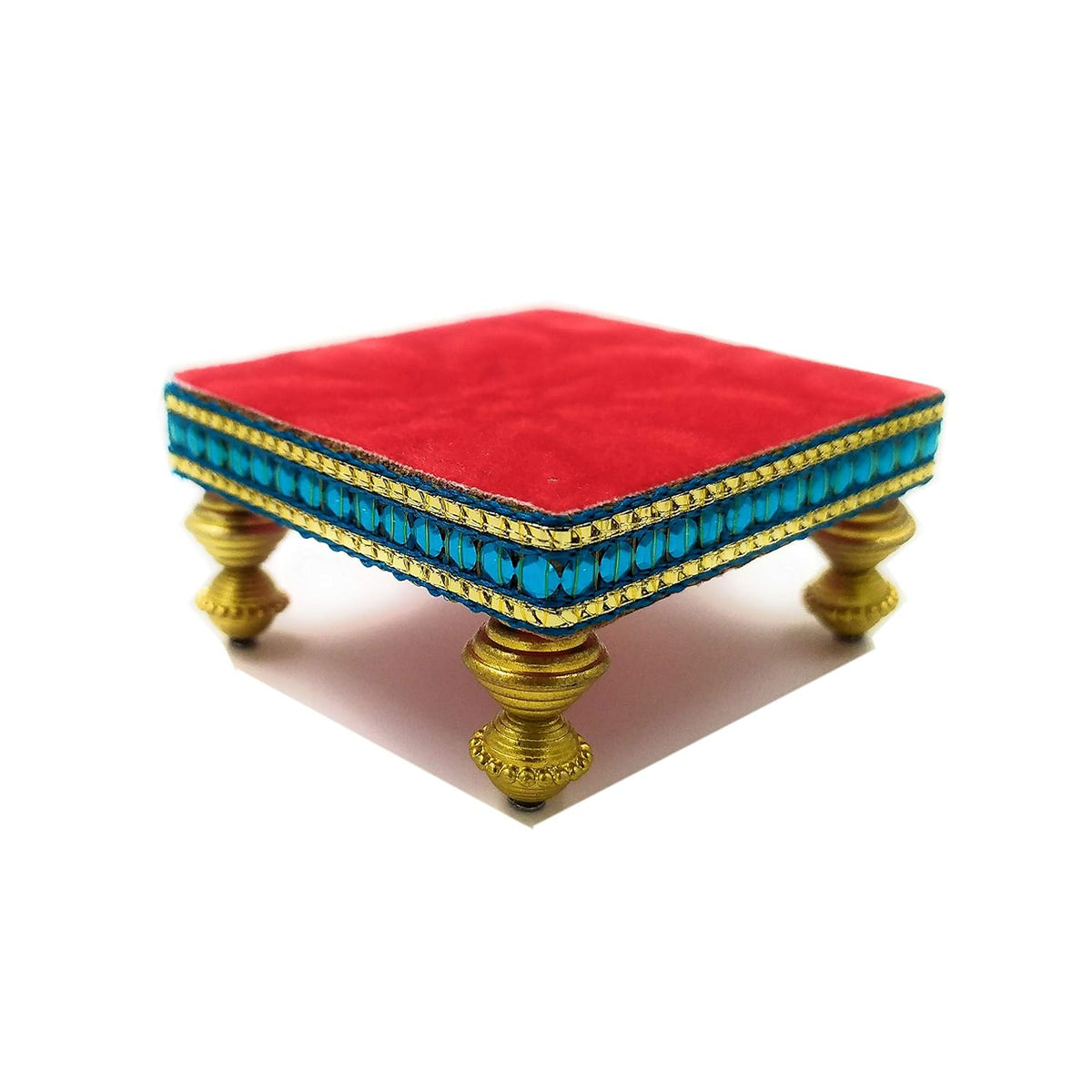 SHINDE EXPORTS Wooden Meenakari Velvet Chowki Bajot choki chaurang patla for Idols and Pooja Articles (red, 8.5x8.5cm)