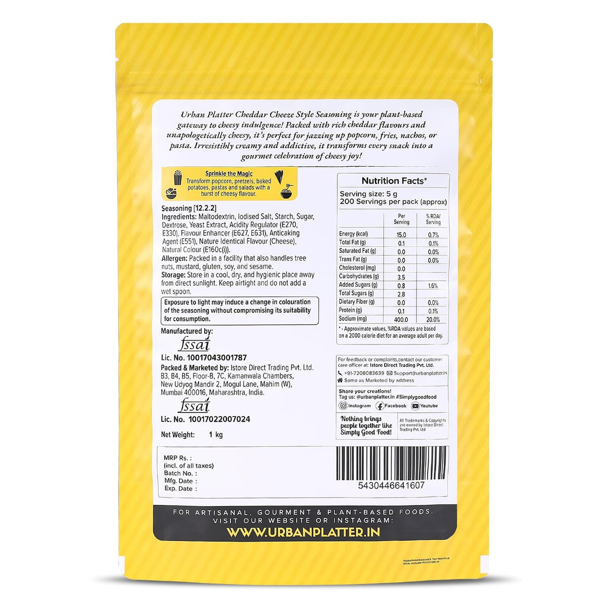 Urban Platter Cheddar Cheese Style Seasoning, 1 kg (Perfectly Plant-based | Ideal for Pop Corn, Fries, Pasta, and more | Super-Value pack)