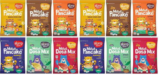 Slurrp Farm Healthy Breakfast and Snacks Trial Pack Combo, Millet Pancake and Dosa Mix, 300g (Pack of 12, 50g each)