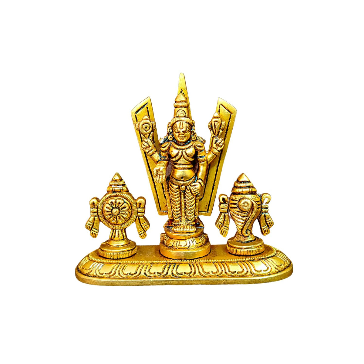 Aalayam Selveer Brass Shankh Chakra Stand with Perumal Idol Small | Small Sangu Chakram Stand with Tirupati Balaji Idol Brass 9cm Height Gold Colour 1 Piece