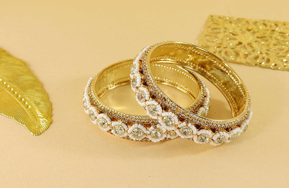 NMII Traditional Metal with Zircon Diamond & White Moti Pearls Bangles For Women & Girls | Designer Kangan Set | Girl's Bangles Bracelet | Stone Bangles | Women's Kada Fashion Jewellery- Set of 2