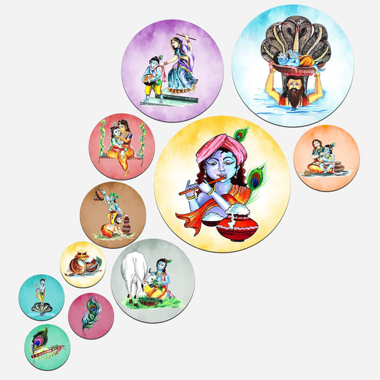 Artvibes Lord Krishna in Different Types Activities Round Shape MDF Wooden Wall Decor Items | Spiritual Decor Items | Wall Poster | Artwork | Painting | Gift Items (WPS_118N), Set of 11