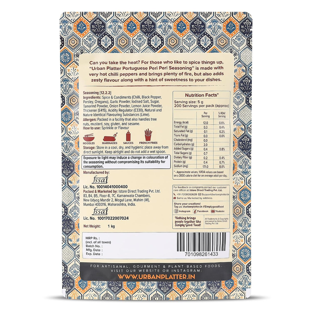 Urban Platter Portuguese Peri Peri Seasoning Mix, 1Kg (an All Purpose Seasoning, Perfect for Pop Corn, Pasta, Fries Seasoning | Dairy-Free) [HoReCa Pack]