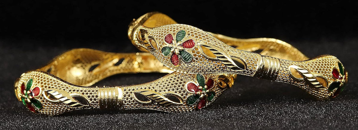 NMII Brass with Zircon Gesmtone and Meenakari Worked Glossy Finished Gold Polished Premium Bangle Kada set For Women and Girls