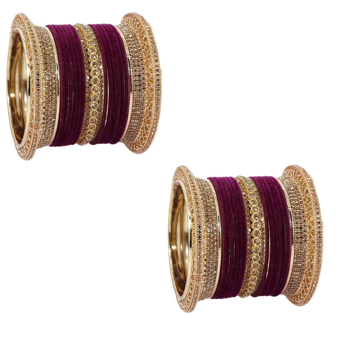 NMII Non-Precious Metal with Base Metal and Studded with Zircon Gemstone Glossy Finished Traditional Velvet Bangle Chuda set for Women and Girls