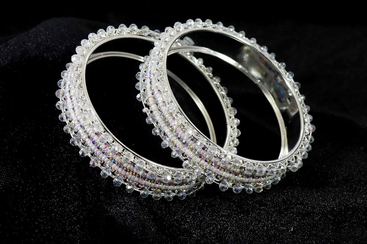 NMII Stylish Pearls & Zircon Diamond Stone Metal Bangles For Women and Girls | Fancy Women's Bangles Bracelet | Metallic Bangles kada | Trendy Bangles Fashion Jewellery- Set of 2