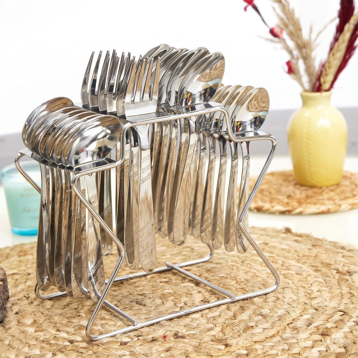 Parage Miracle Stainless Steel Cutlery Set of 25, Contains, Dinner Spoons Set of 6, Tea Spoon Set of 6, 6 Fork, 6 Soup Spoons, 1 Stylish Stand, Elegant Cutlery Set for Dining Table, Mirror Polished
