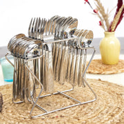 Parage Miracle Stainless Steel Cutlery Set of 25, Contains, Dinner Spoons Set of 6, Tea Spoon Set of 6, 6 Fork, 6 Soup Spoons, 1 Stylish Stand, Elegant Cutlery Set for Dining Table, Mirror Polished