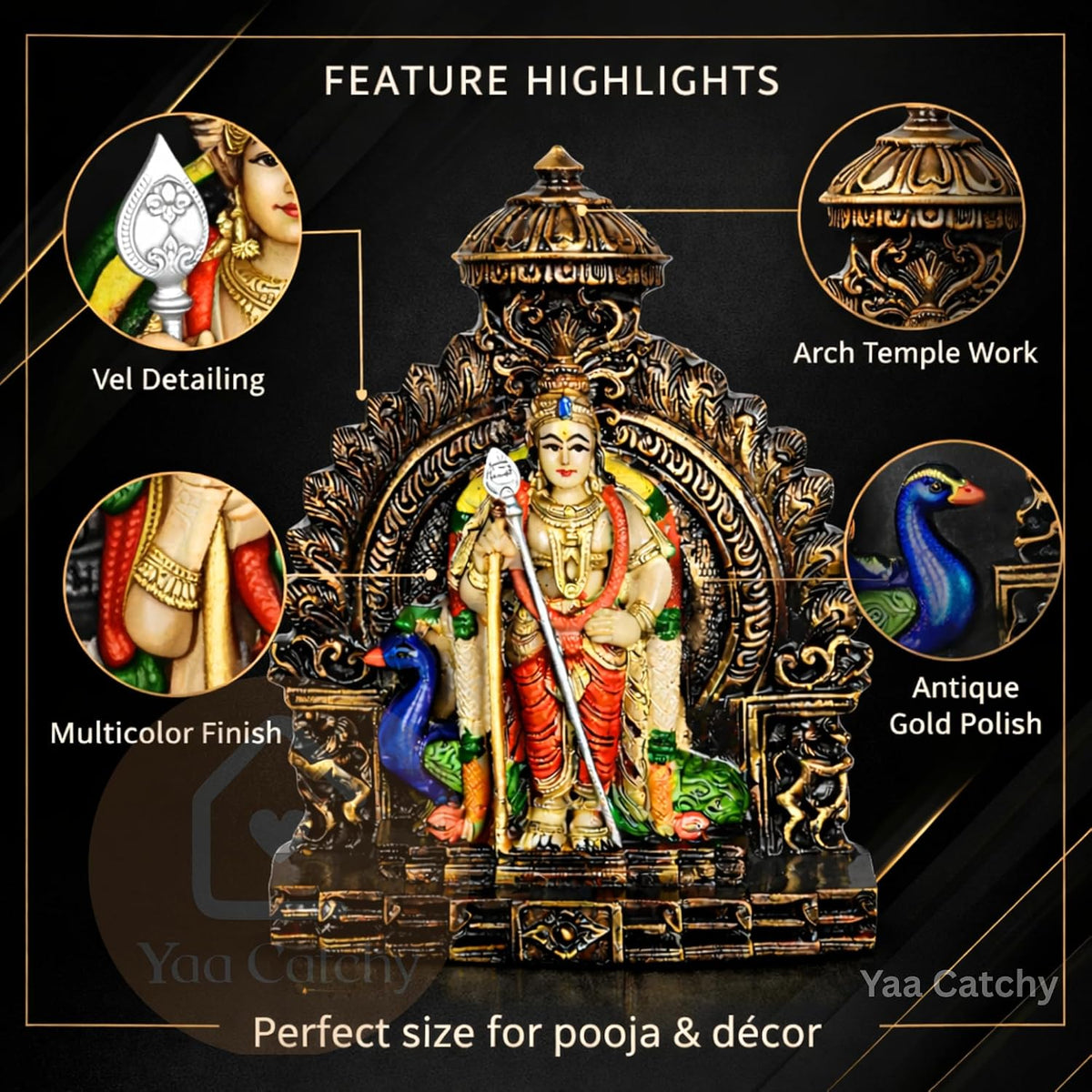 YaaNatural Yaa Catchy Lord Murugan Idol with Peacock & Vel Design Polyresin Statue hand painted Pooja Room, Home Décor & Office Table Spiritual Showpiece | Housewarming & Festival Gift (Arch Colour Murugan)