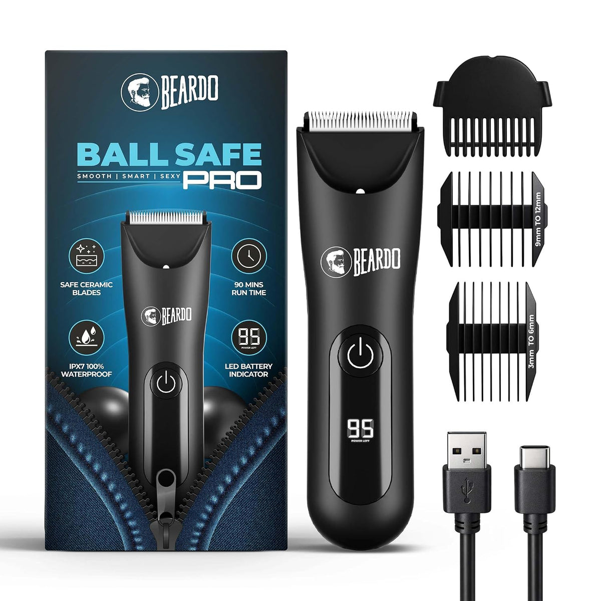 Beardo Ball Safe Pro Trimmer | Intimate Trimmer for Men | IPX7 Waterproof | Safe Ceramic Blades | 40mm T-Blade | 6000 RPM | 90 Min Runtime | Type-C Charging | Full Body Trimmer for Men
