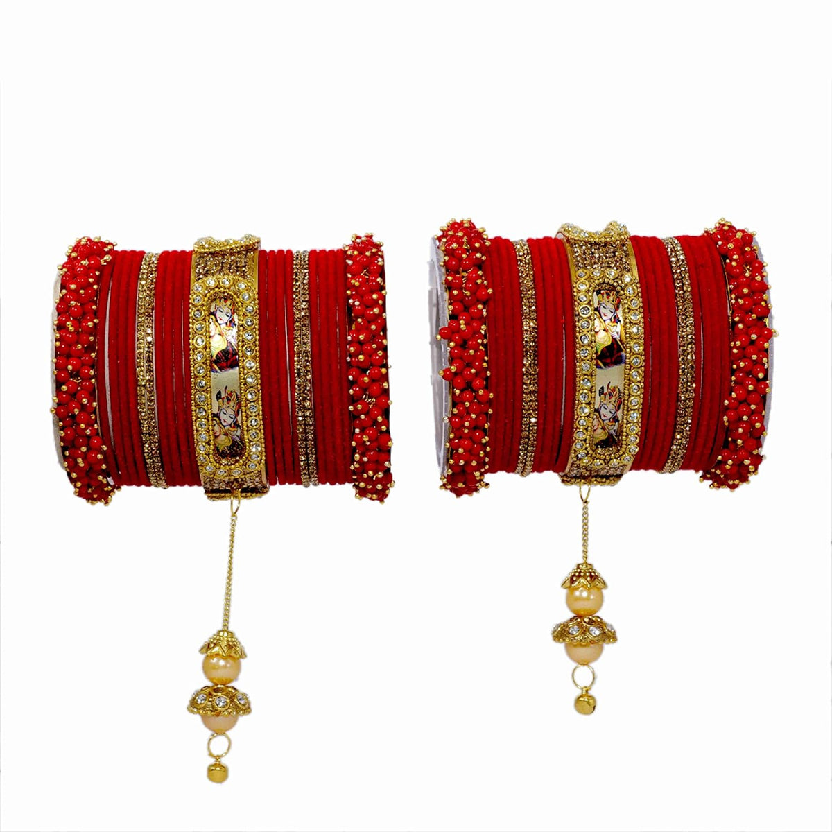 NMII Non-Precious Metal,Base Metal with Radha Krishna Latkan Zircon Gemstone Or Pearl and Velvet worked Glossy Finished Bangle Set For Women and Girls