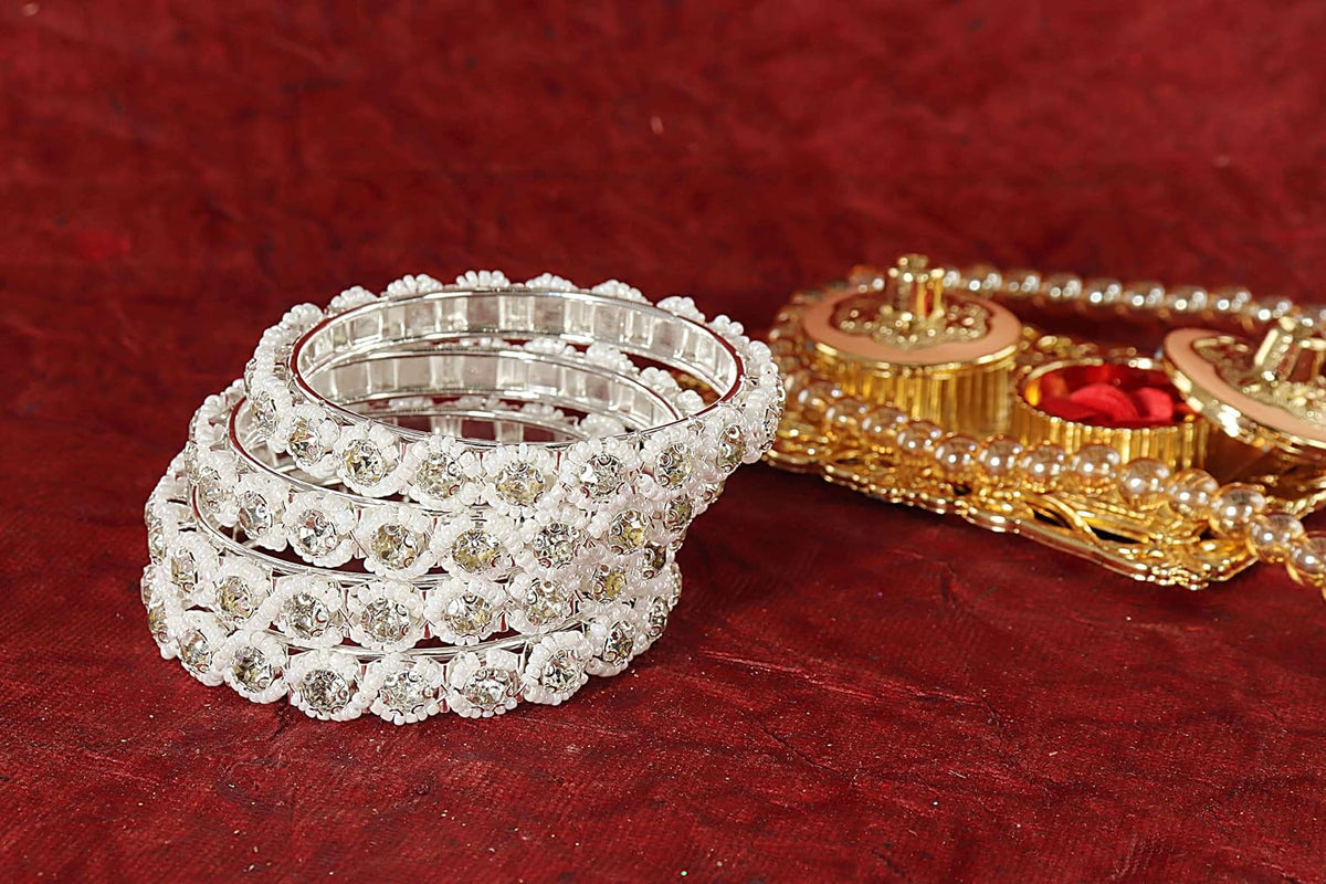 NMII Metal White Moti Bangles with Zircon Diamond Stone For Women & Girls | Designer Pearls Kada | Trendy Girl's Bangles Bracelet | Traditional Kangan For Wedding, Party, Festive, Everyday- Set of 4