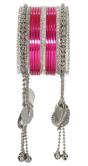 NMII Oxidized Metal Base Metal with Zircon Gemstone and Linked with Ball Chain Glossy Finished Ghungroo Latkan Kaleere Type Bangle Set For Women and Girls