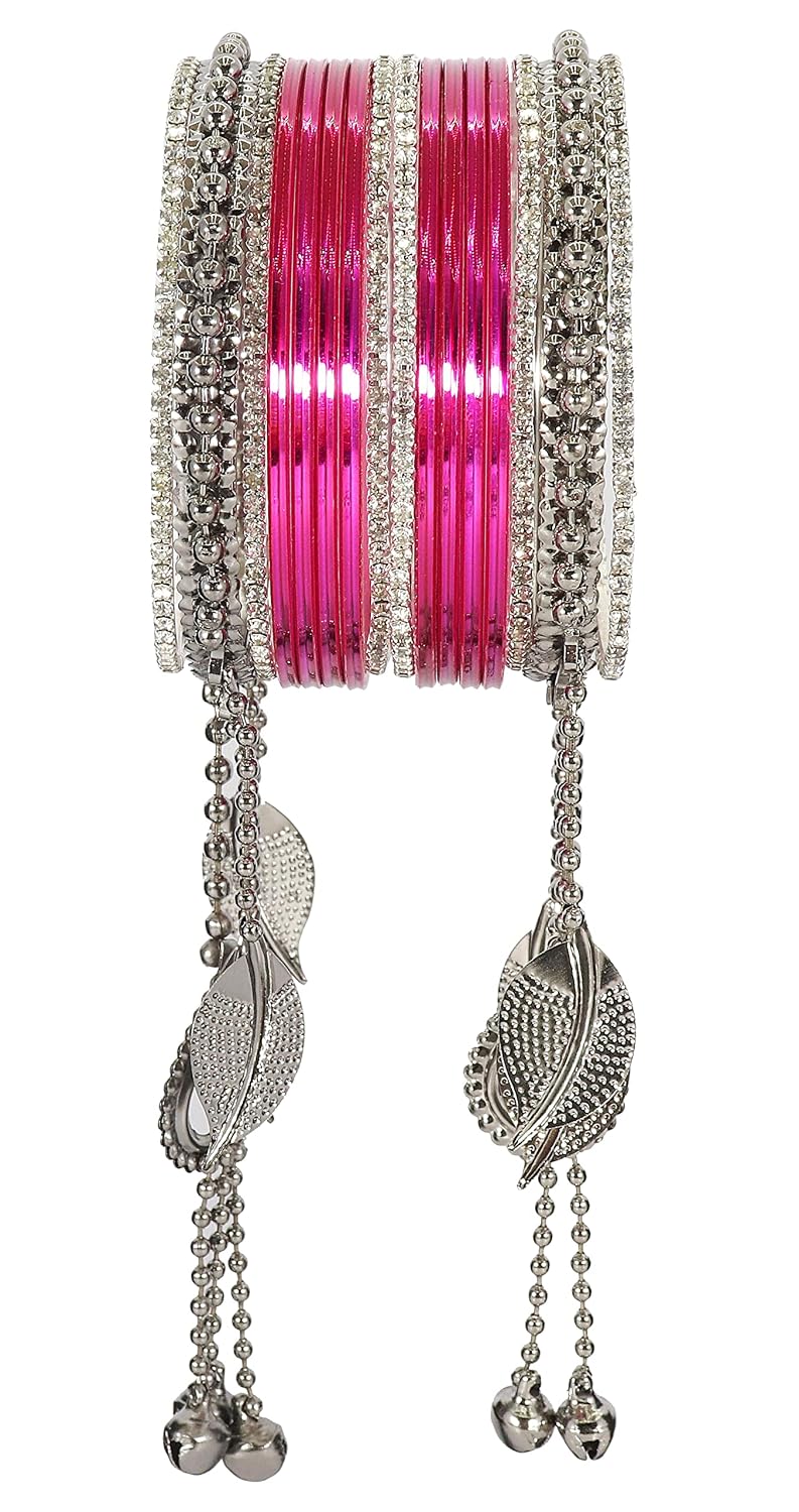 NMII Oxidized Metal Base Metal with Zircon Gemstone and Linked with Ball Chain Glossy Finished Ghungroo Latkan Kaleere Type Bangle Set For Women and Girls