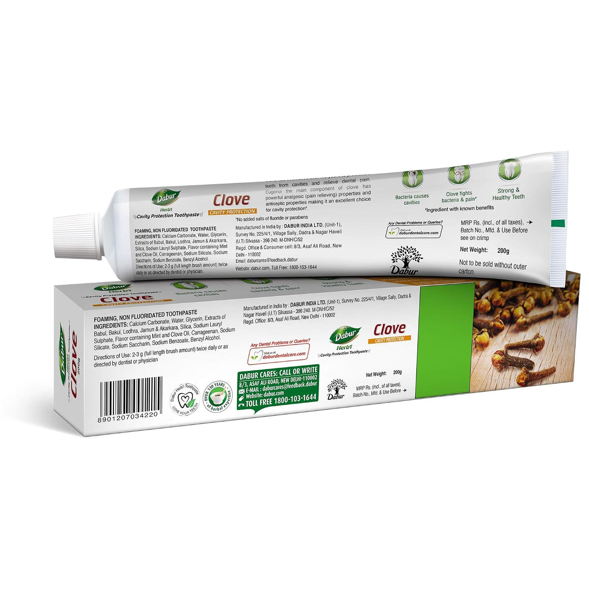Dabur Herb'l Clove Cavity Protection Toothpaste - 200g | No added Fluoride & Parabens | For Strong & Health Teeth