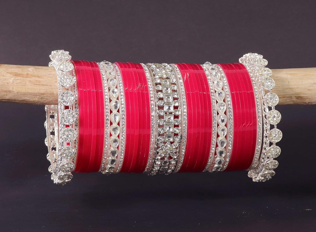 NMII Premium Metal Bangles Silver Chuda Set For Bridal Women & Girls with Zircon Diamond & Kundan Beads | Designer AD Chuda | Bridal Bangles Chooda Set For Wedding, Party, Occasion-Set of 74