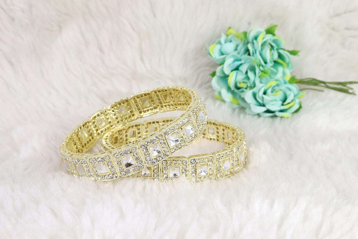 NMII Traditional Golden Metal Bangles Kada Set For Girls & Women Embedded with Zircon Gemstone & Kundan Mirror | Trendy Polki Bangles | Women's Bangles Bracelet Golden- Set of 2 Bangle
