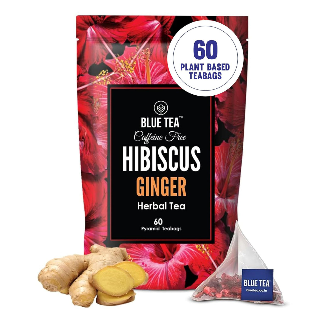 BLUE TEA - Hibiscus Ginger Tea - 60 Tea Bags - Plant Based | ENHANCING SKIN GLOW | Tangy & Spicy - Flower Based - Caffeine Free - Gluten Free | Ziplock Pouch