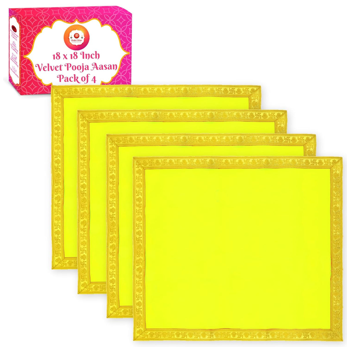 Bhakti Lehar Yellow Velvet Pooja Cloth | Aasan for God Idol Sitting, Mandir Shelf, Puja Chowki Table and Home Temple Decoration - Pack of 4 (18 x 18 Inch)