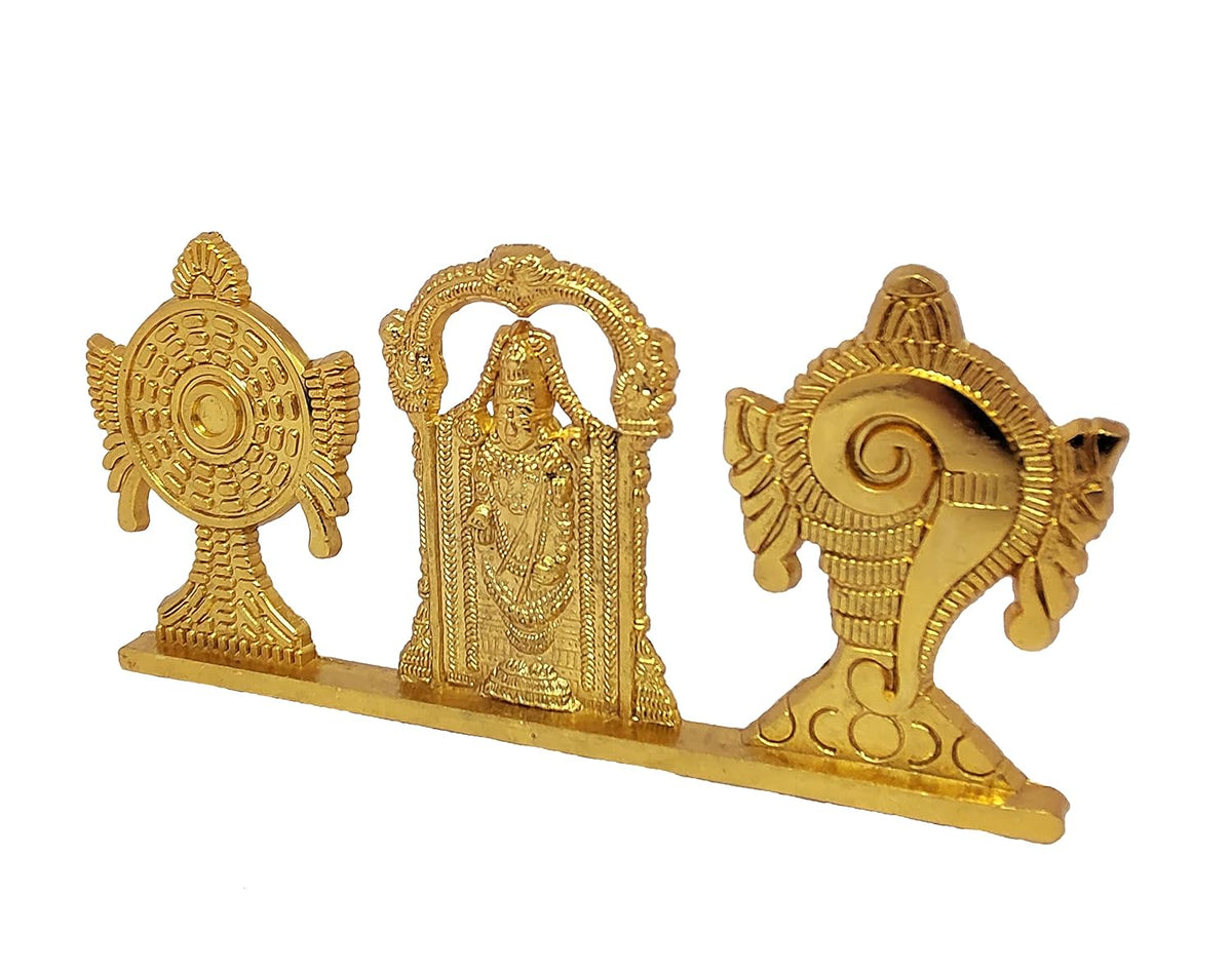 KridayKraft Tirupati Balaji Symbol Stand Shankh Chakra with Balaji Statue Gold Plating Antique Decorative for Car Dashboard Home & Office Table Showpiece Figurines,Religious Gift Idol, 5 x 1 Cm