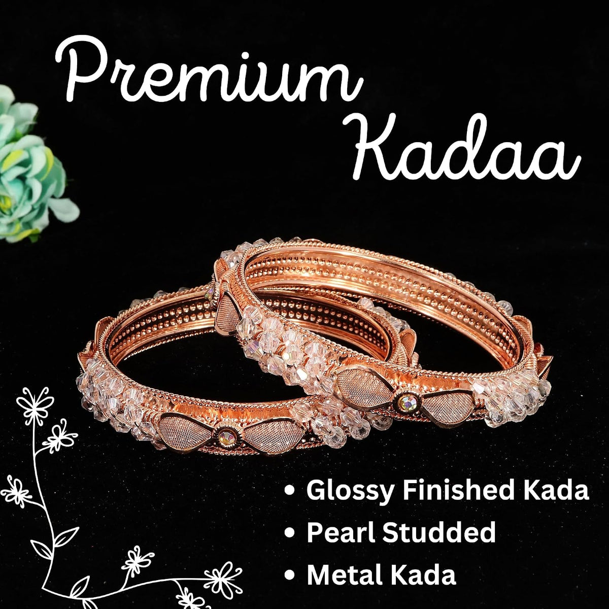 NMII Rose Gold Plated Metal with Stylish Pearls & Zircon Diamond Bangles Kada Set For Women & Girls | Kada For Women Fancy | Elegant Bangles For Wedding, Party, Occasion, Festive- Set of 2