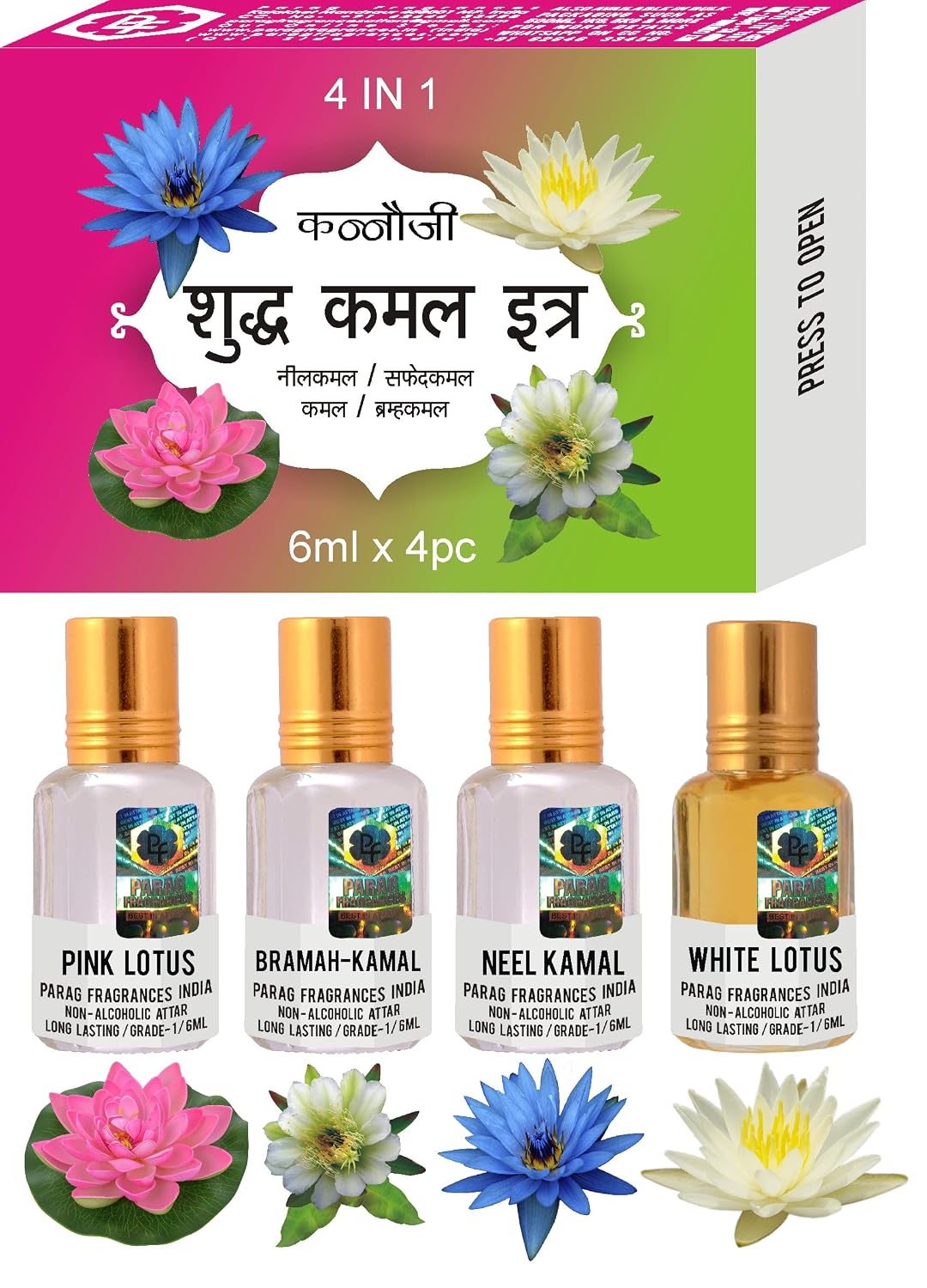 Parag Fragrances Natural and Premium Attar Gift Pack (Lotus 4 in 1)