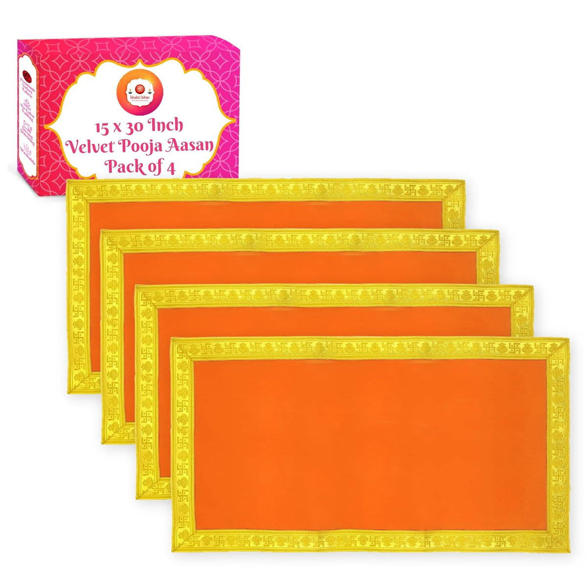 Bhakti Lehar Orange Velvet Pooja Cloth | Aasan for God Idol Sitting, Mandir Shelf, Puja Chowki Table and Home Temple Decoration - Pack of 4 (18 x 24 Inch)