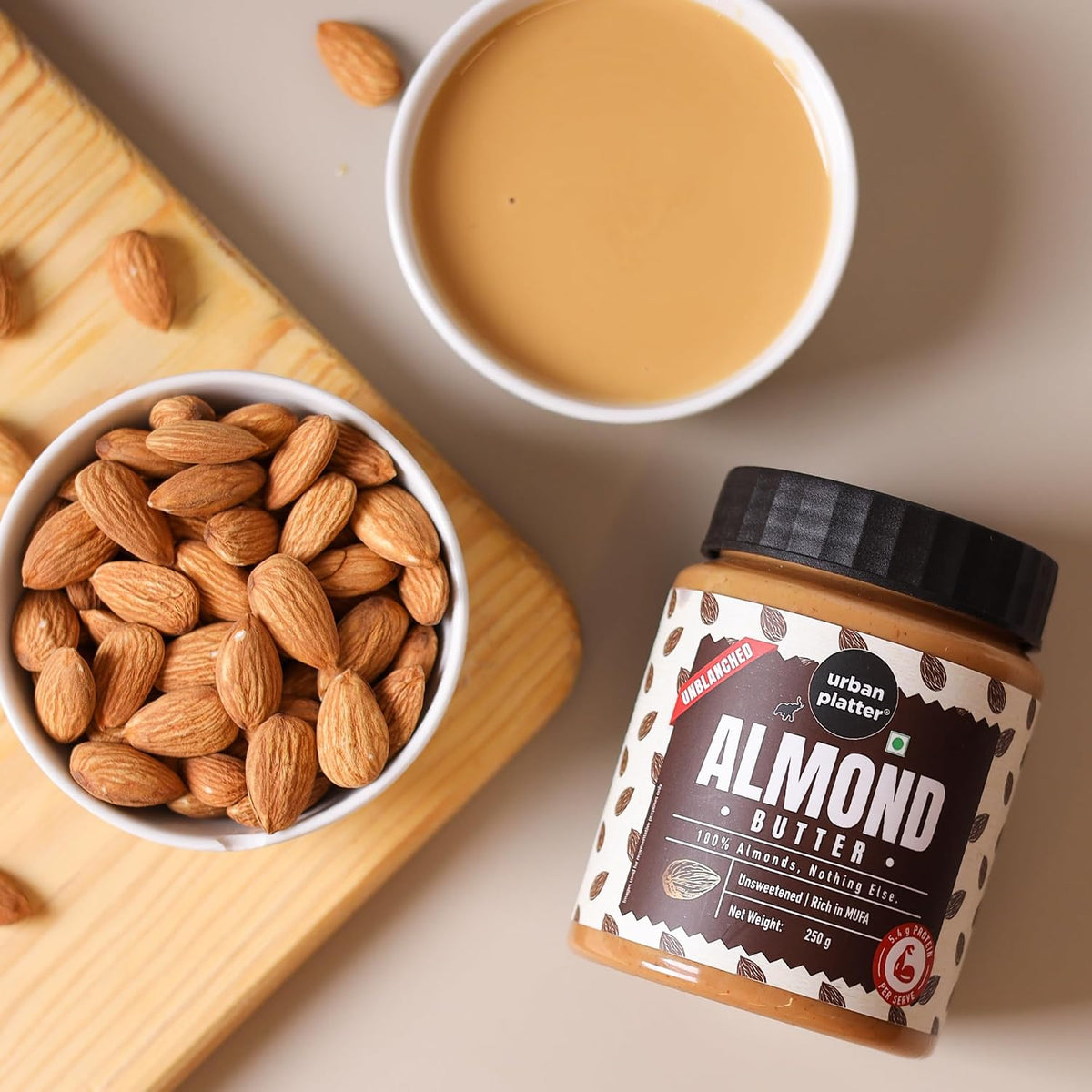 Urban Platter Almond Butter (With Skin), 250g (Bold Nutty Flavour | Single Ingredient | Keto-Friendly | Unblanched Paste)