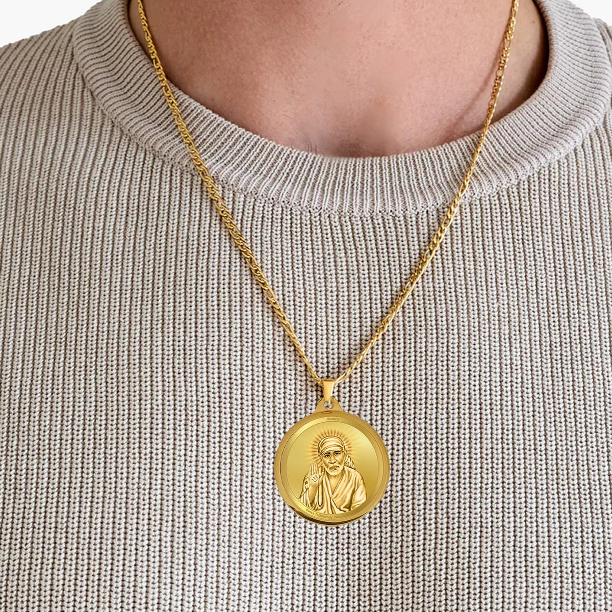 DIVINITI 24K Gold Plated Double-Sided Religious Pendant with Premium Gift Box, Spiritual Locket for Men & Women, Devotional Jewellery for Gifting & Everyday Wear | Sai Baba & Om-1