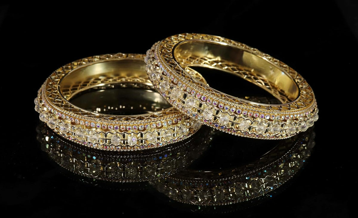 NMII Metal with Zircon Gemstone & Artificial Pearls Studded Stylish Kada Bangles Set For Women & Girls | Traditional Kada For Women | Women's Bangles For Wedding, Party, Occasion- Set of 2