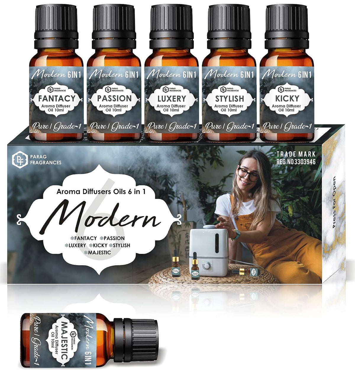 Parag Fragrances Modern 6in1 Essential Oil/Aroma Diffuser Oils Set of (Fantacy, Passion, Luxery, Kicky, Stylish & Majestic) Essential Oil