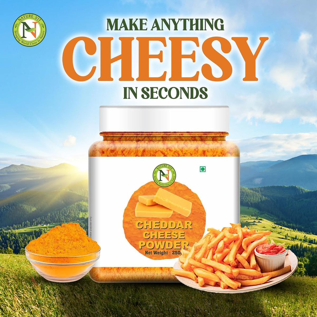 NatureVit Cheddar Cheese Powder, 250g | Cheddar Cheese Powder For Popcorn | Pizza Masala Powder | French Fries & Pasta Masala | Vegan Cheese Powder | Cheese Powder For Makhana