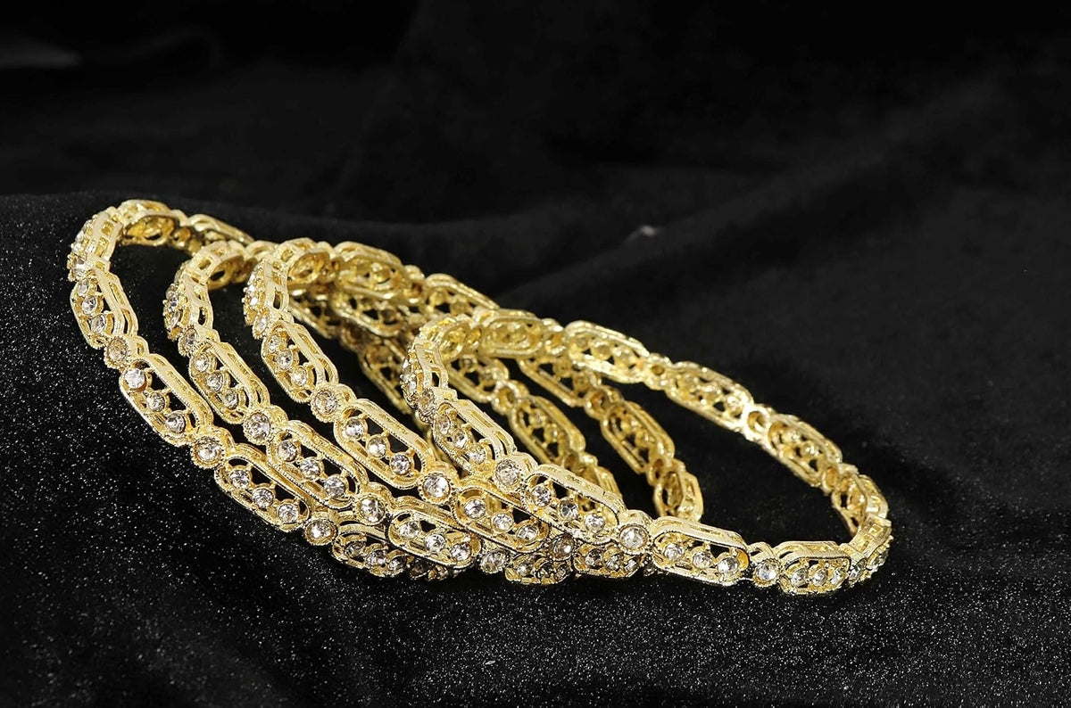 NMII Gold Plated Metal American Diamond Bangles Set For Women & Girls | Premium Traditional Design Kada Set For Women | Kada Bangles For Women | Wedding Fashion Jewellery- Set of 4