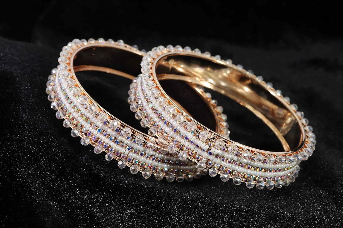 NMII Stylish Pearls & Zircon Diamond Stone Metal Bangles For Women and Girls | Fancy Women's Bangles Bracelet | Metallic Bangles kada | Trendy Bangles Fashion Jewellery- Set of 2