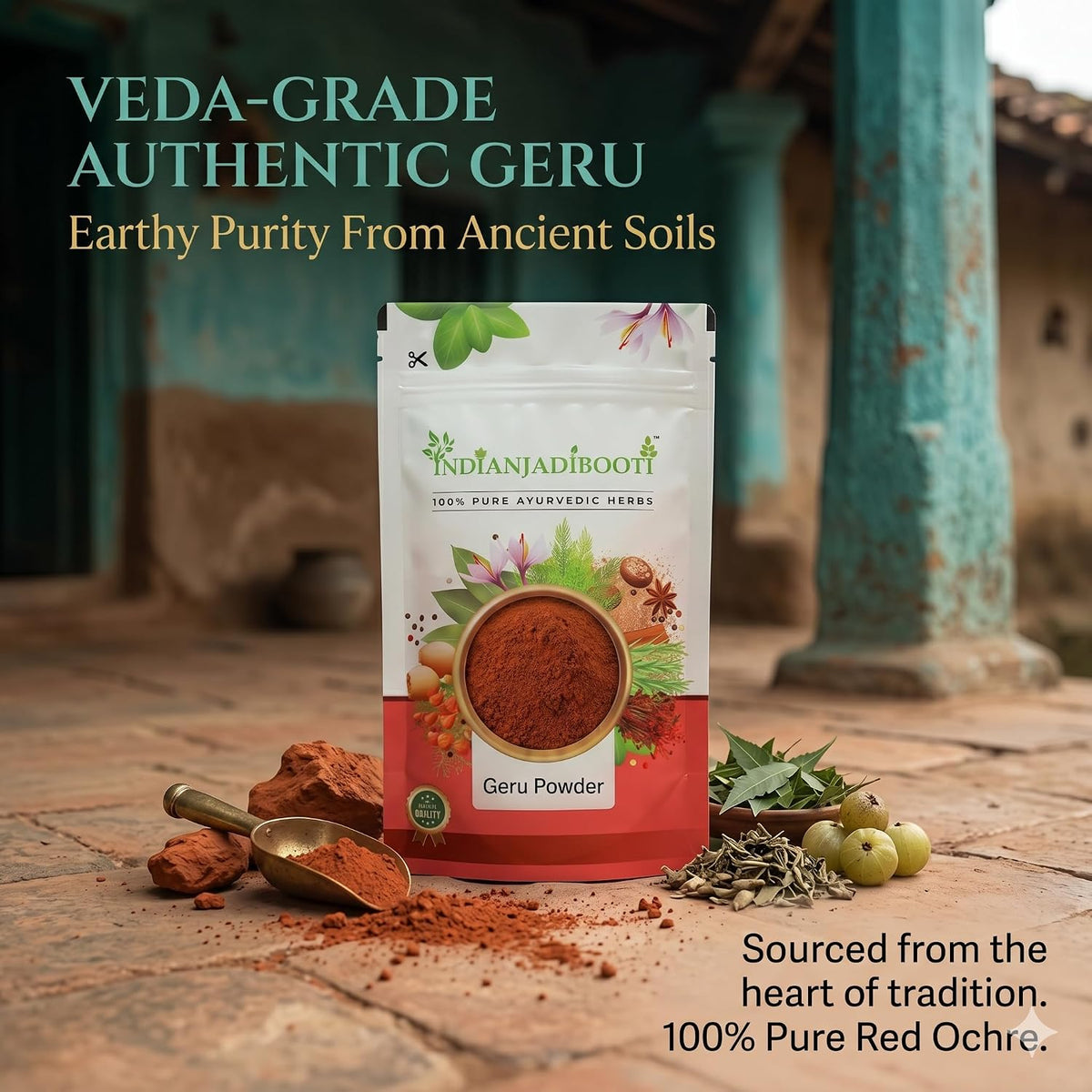 IndianJadiBooti Geru Powder - Red Ochre (Shuddha Gairika) - Traditionally Used for Cooling Skin Rituals, DIY Face Packs & Natural Pigment, 250 Grams