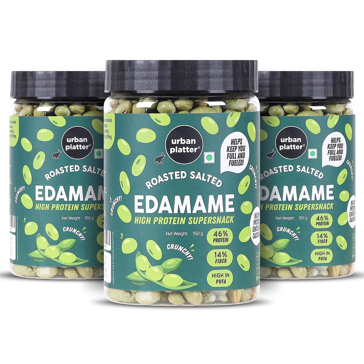 Urban Platter Roasted Salted Edamame, 150g, Pack of 3 (46% Protein, 17% Fiber, Lightly Salted Young Green Soybeans, Highest Plant Protein Supersnack)