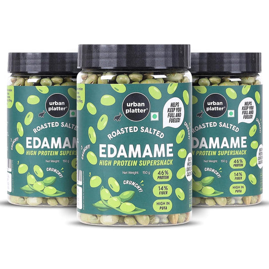 Urban Platter Roasted Salted Edamame, 150g, Pack of 3 (46% Protein, 17% Fiber, Lightly Salted Young Green Soybeans, Highest Plant Protein Supersnack)