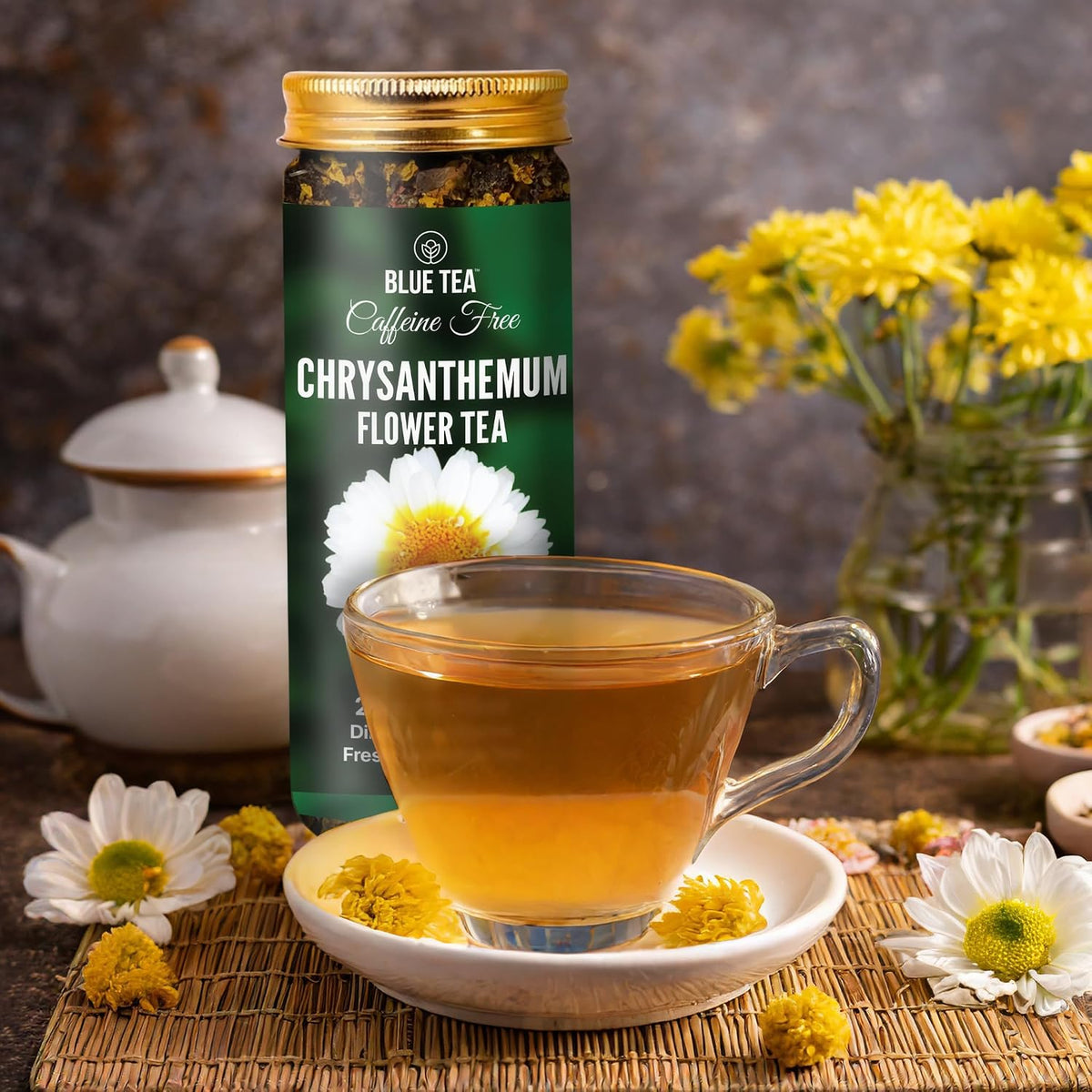 BLUE TEA - Chrysanthemum Flower Tea - 20gm - 20 Cups | SUPER ANTIOXIDANT | Cooling And Refreshing | Flower Based - Herbal Tea - Caffeine Free | Pet Jar Packaging