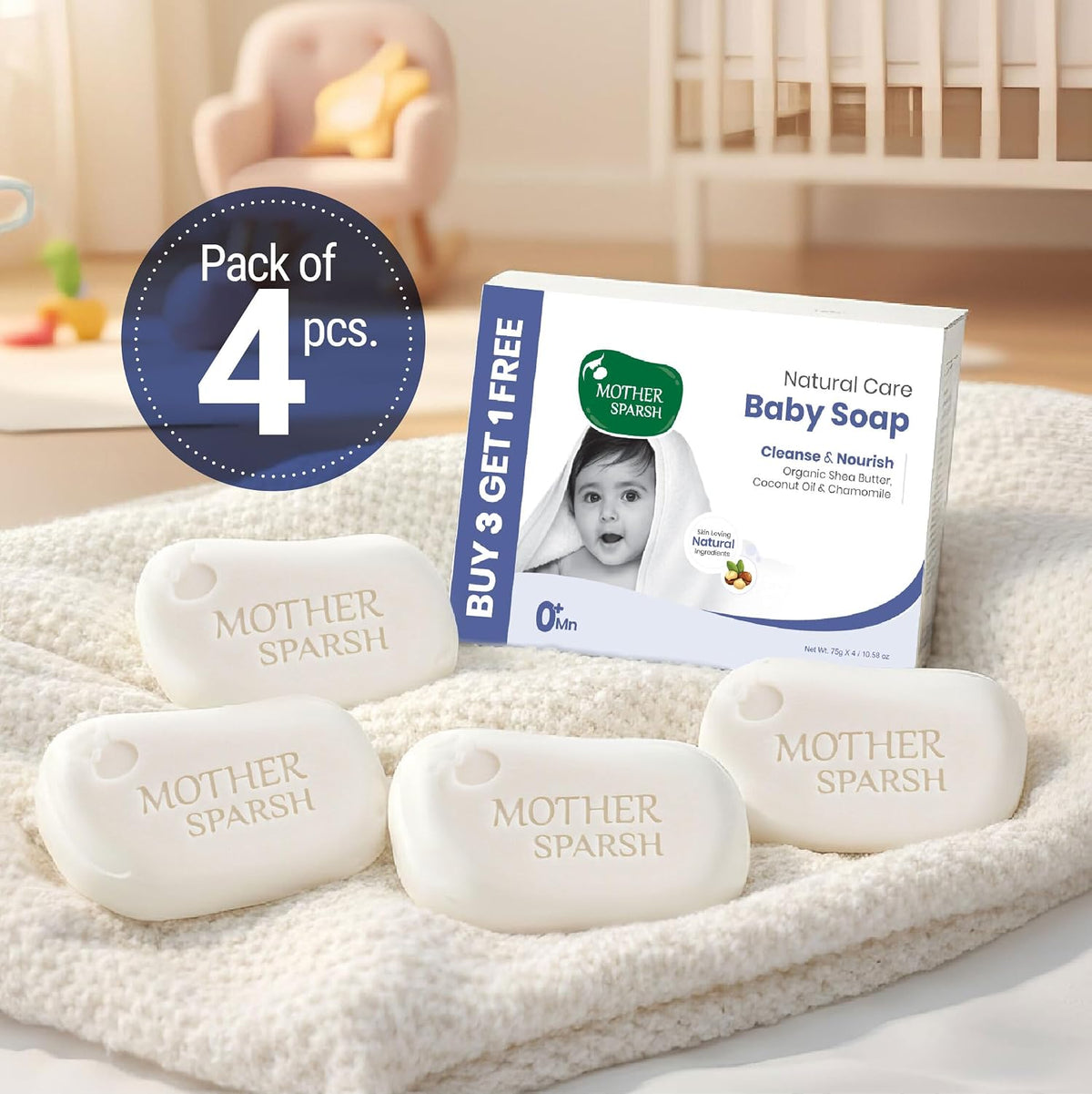Mother Sparsh Natural Care Baby Soap-75g x 4 | Pack of 4 Soap for Babies with Chamomile, Shea Butter & Coconut Oil | Gently Cleanses Baby's Skin