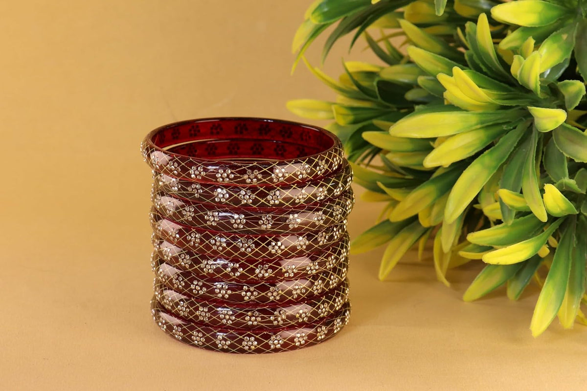 NMII Premium Crystal Glass Kada Set with Zircon Gemstone & Printed Design For Women & Girls | Transparent Glass Bangles | Latest Girl's Bangles | Bangles - Set of 8 (GK63_DottedFloralKada-Maroon-2.8)
