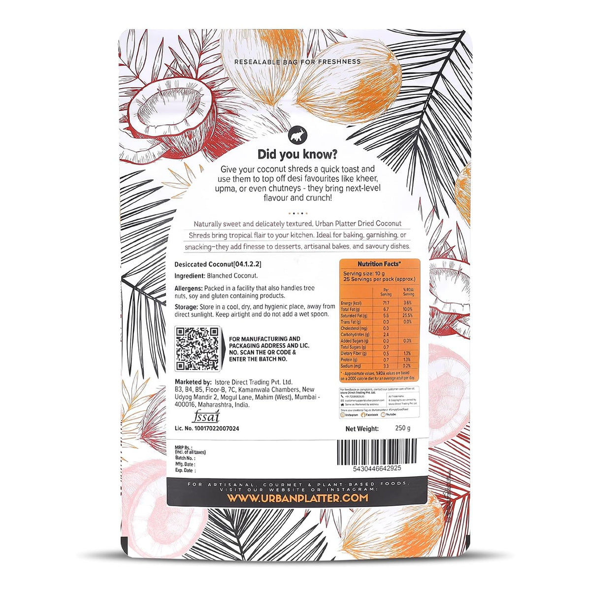 Urban Platter Dried Coconut Shreds 250g (Unsweetened Coarsely Grated, Ideal for Baking, Garnishing & Indian Sweets)