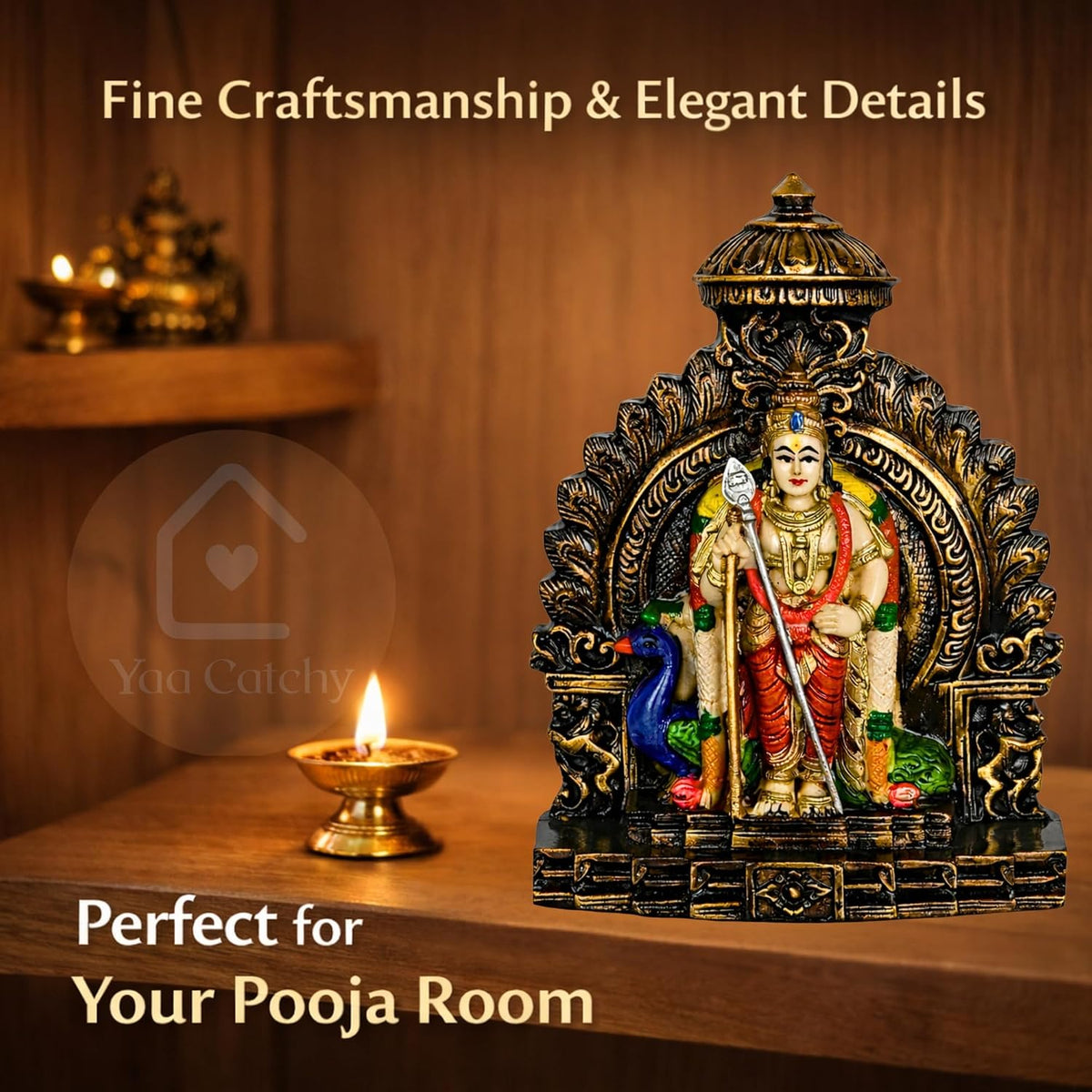 YaaNatural Yaa Catchy Lord Murugan Idol with Peacock & Vel Design Polyresin Statue hand painted Pooja Room, Home Décor & Office Table Spiritual Showpiece | Housewarming & Festival Gift (Arch Colour Murugan)