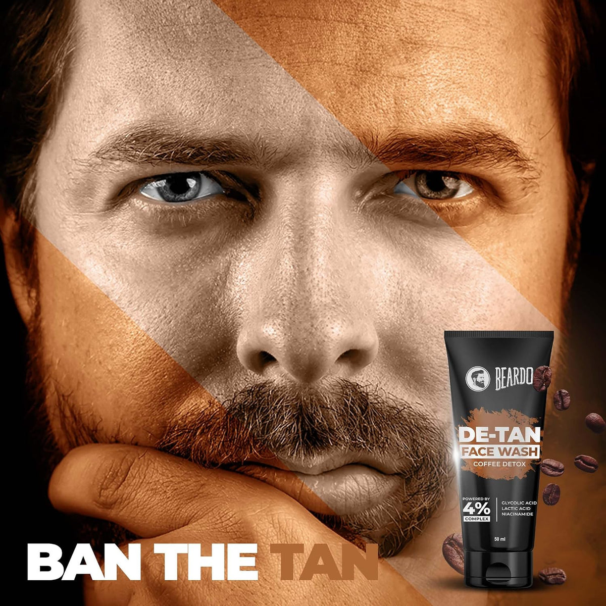 BEARDO DeTan Face Wash for Men, 50ml | Glycolic Acid,Niacinamide & Coffee | Helps to Reduce Tan,Reduce Dark Sports & Pigmentation | Exfoliates & Hydrates for Smooth & Oil Free Skin