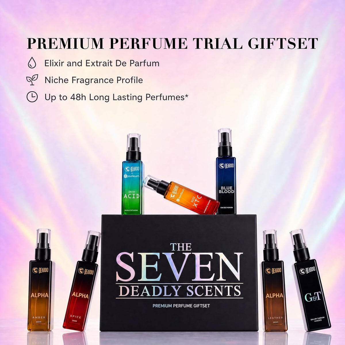 Beardo Seven Deadly Scents Perfume Set for Men | Premium Fragrance Discovery Set | 7 x 8ml Long Lasting Perfumes | Luxury Perfume Sampler | Travel Friendly Gift Pack | Husband, Boyfriend, Brother & Men | Wedding, Birthday & Festival Gift
