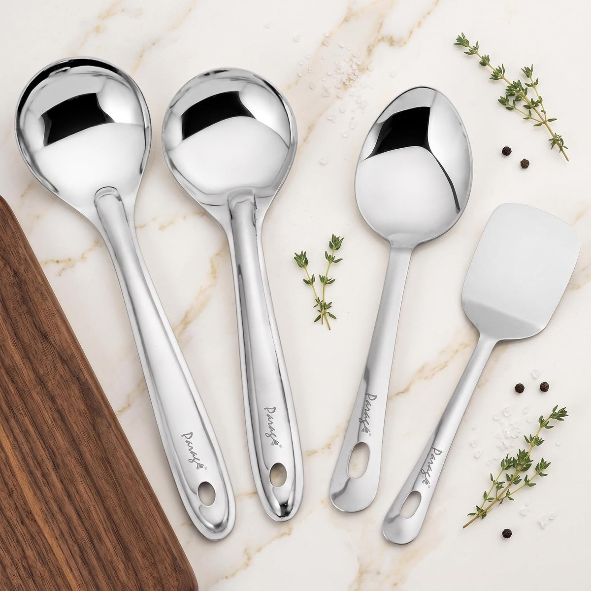 Parage Stainless Steel Kitchen Tools Set for Kitchen Cooking and Serving, Pack of 4, Serving Spoon, Turner/Spatula (Palta), Basting and Rice Spoon, Silver (Size: 26.5 cms, 25 cms x 2, 23 cms)