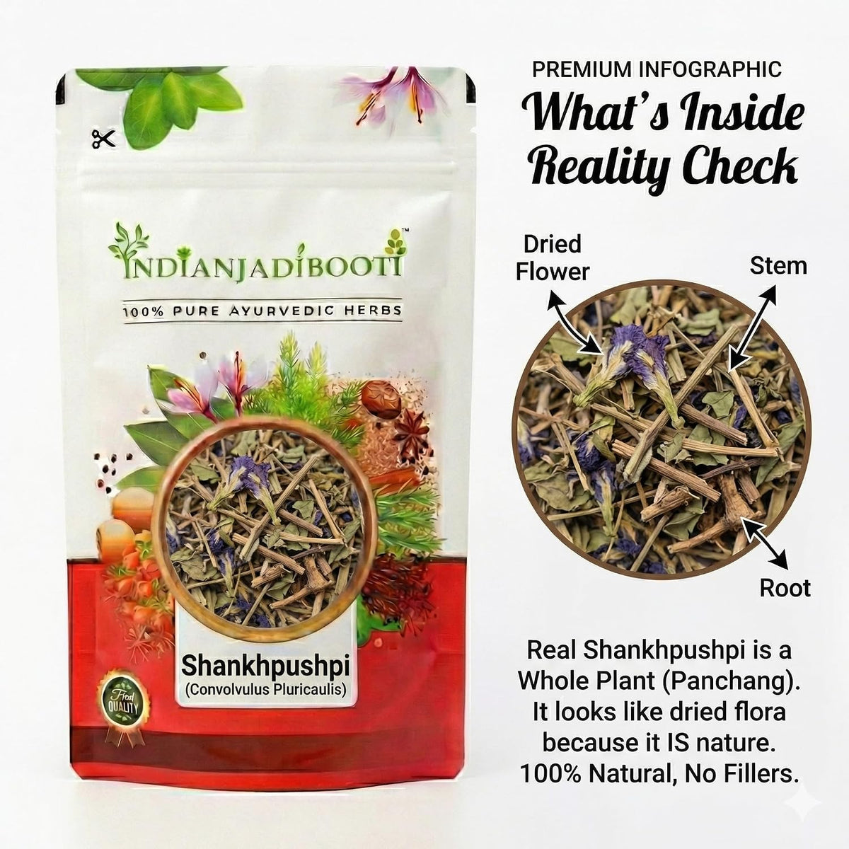 IndianJadiBooti Shankhpushpi (400g Pack Of 2) | Convolvulus Pluricaulis | Dried Whole Herb (Panchang) for Memory, Focus & Sleep | Natural Brain Tonic | Shankhapushpi | Raw & Cleaned
