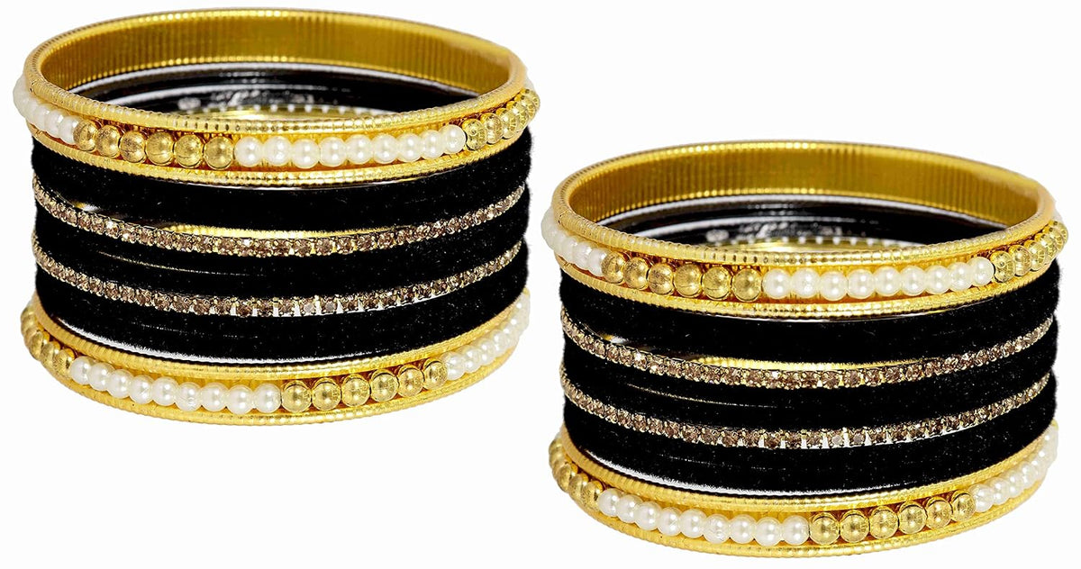 NMII Metal with Zircon Gemstone and Pearls Studded Velvet Bangle Set for Women and Girls