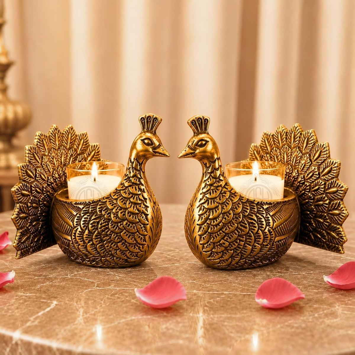 DSH Decorative Dancing Peacock Tealight Candle Holder Set of 2 with Glass Votive Antique Gold Metal Candle Stand for Home Decor, Table Centerpiece, Diwali & Gifting