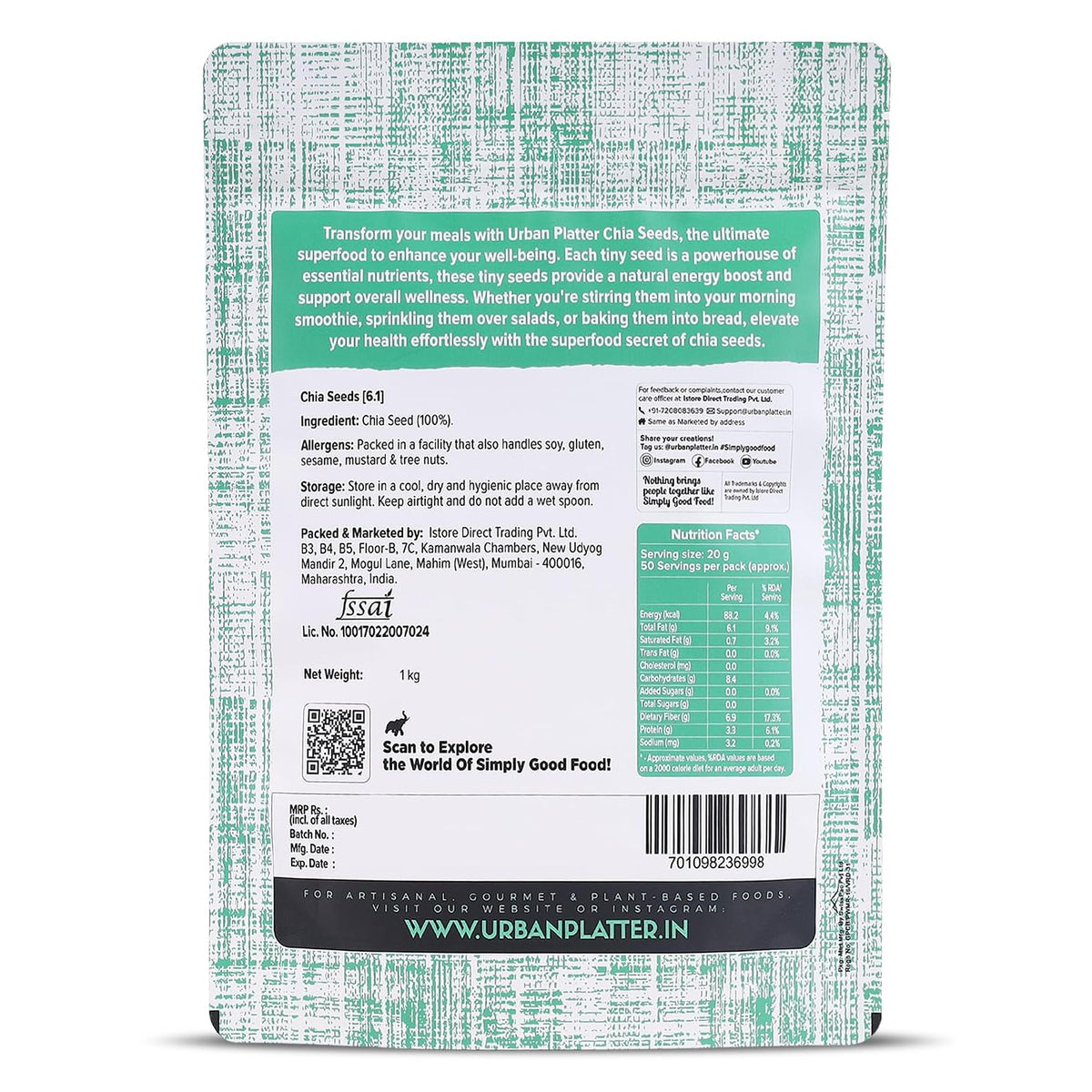 Urban Platter Black Chia Seeds, 1kg (Rich in Omega-3, Fibre & Protein | Superfood)