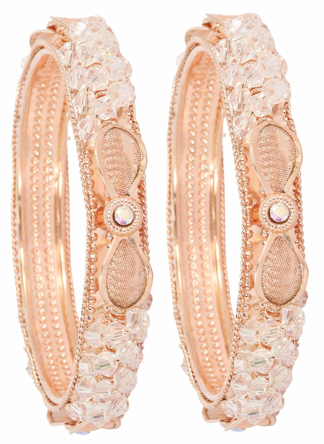 NMII Rose Gold Plated Metal with Stylish Pearls & Zircon Diamond Bangles Kada Set For Women & Girls | Kada For Women Fancy | Elegant Bangles For Wedding, Party, Occasion, Festive- Set of 2